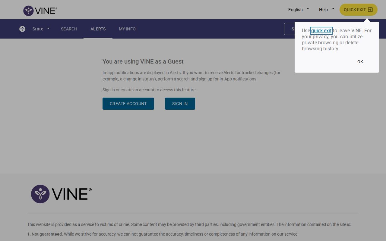 VINELink release and transfer notification registration screen for Davidson County custody