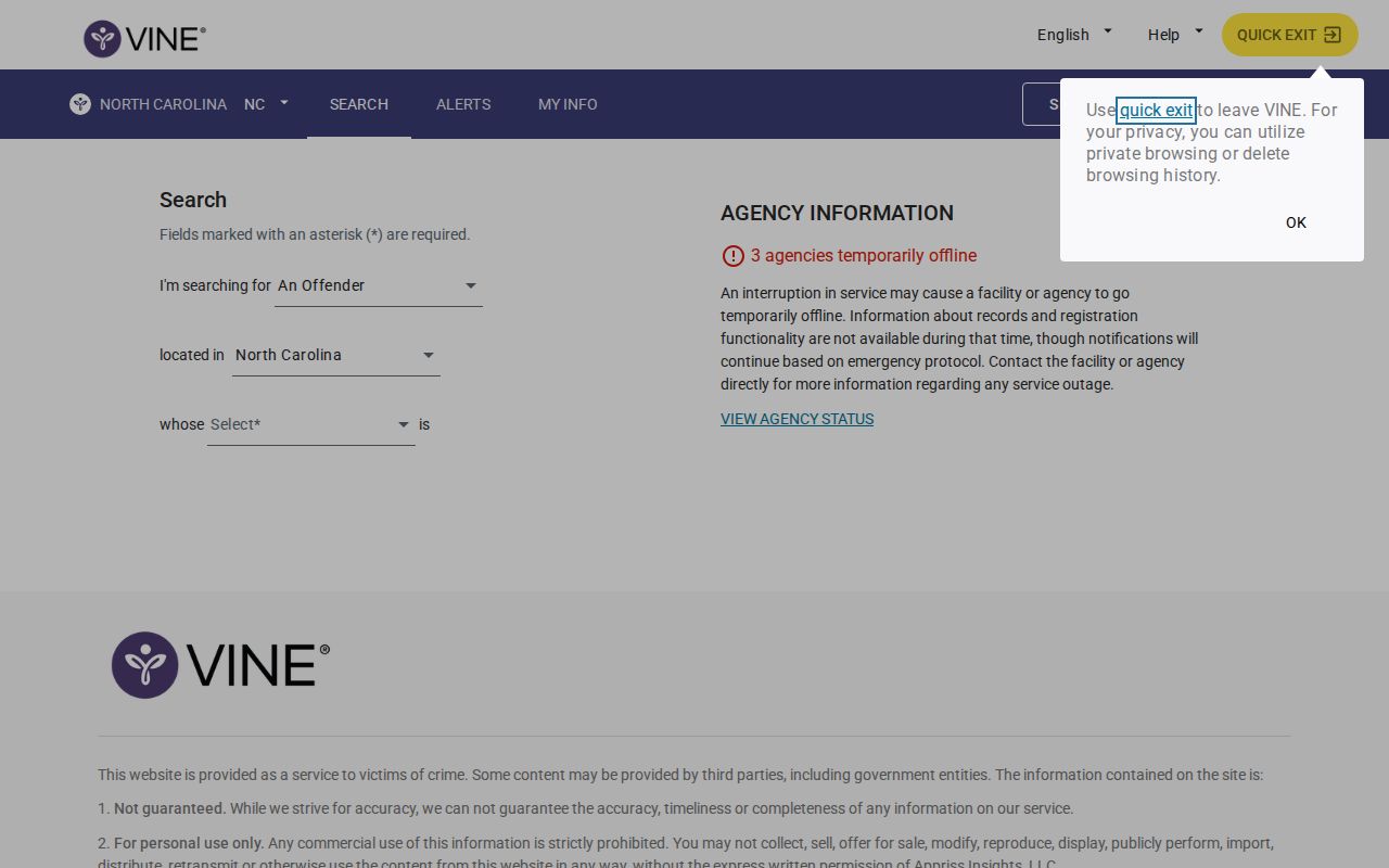 VINELink North Carolina person and county search controls for Davidson County custody