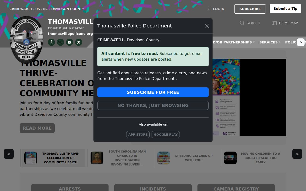 Thomasville Police CrimeWatch page with arrests, cases, warrants, and news tabs