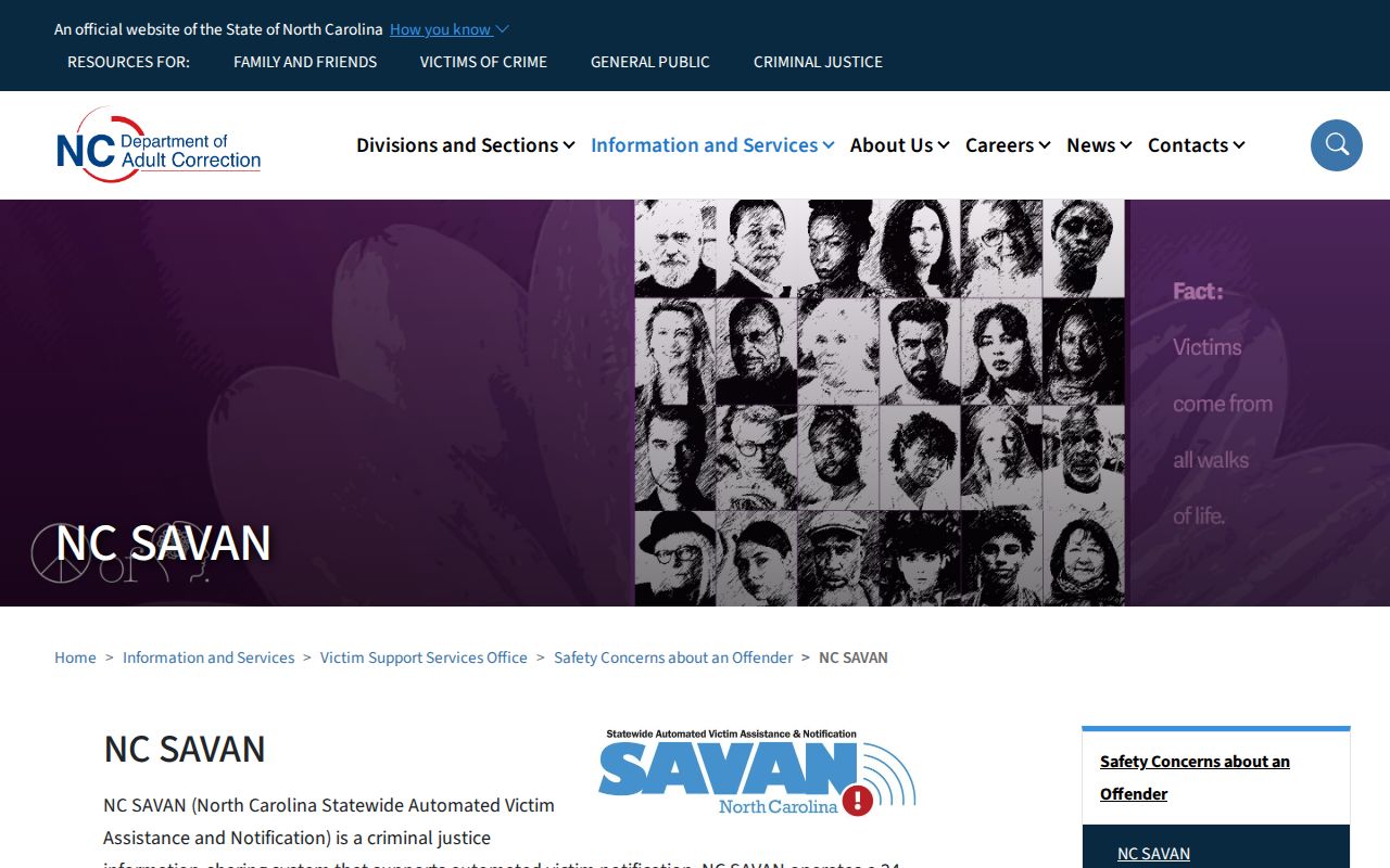 North Carolina SAVAN official custody alert information serving Davidson County