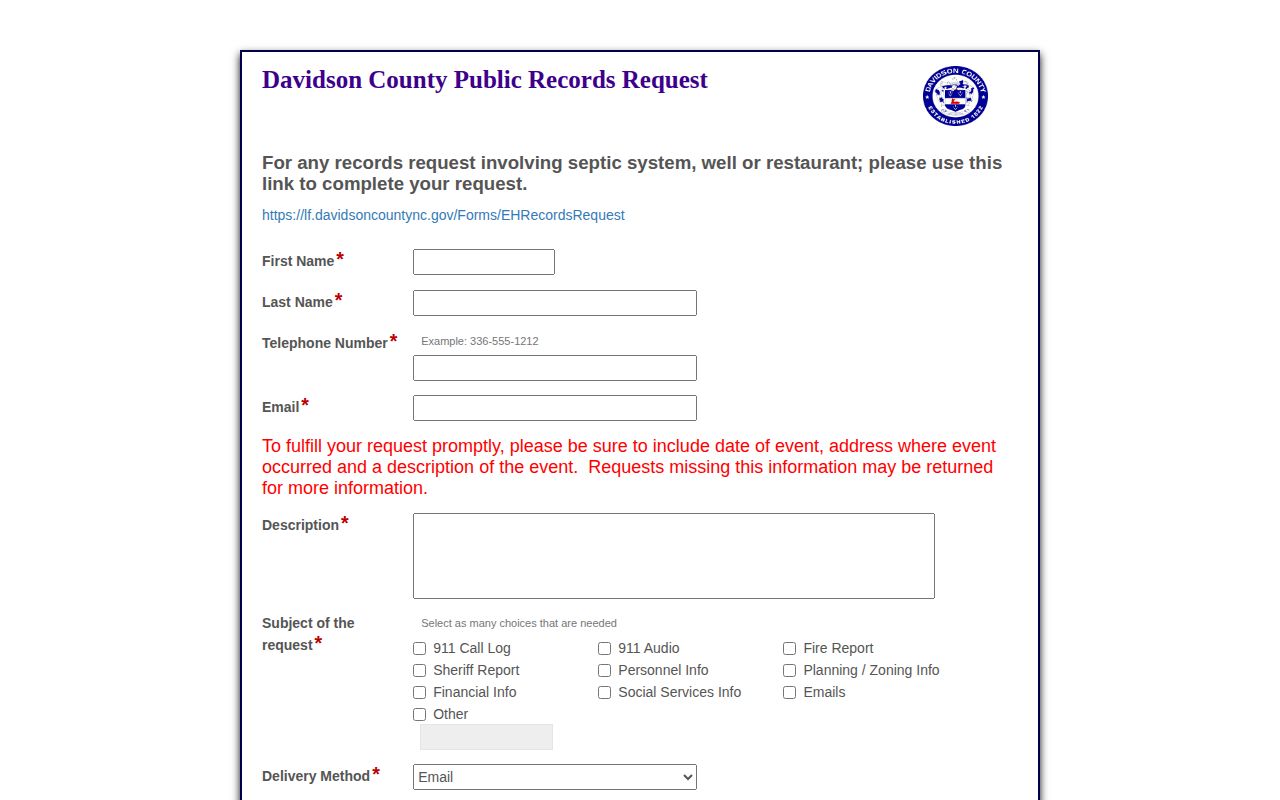 Davidson County arrest record public request form
